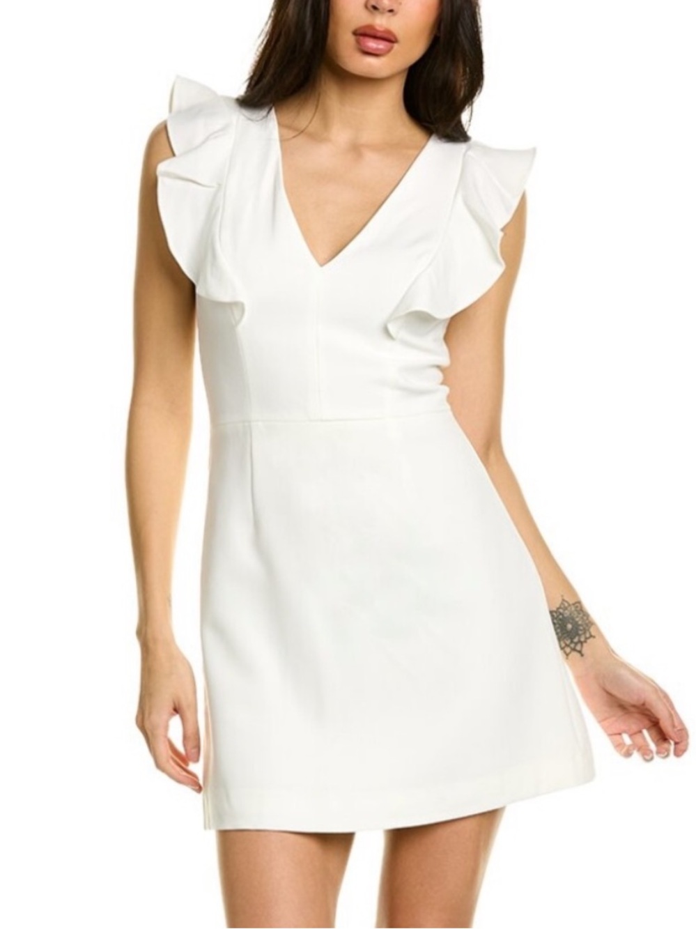 French Connection White Whisper Ruffled V-Neck Mini Dress